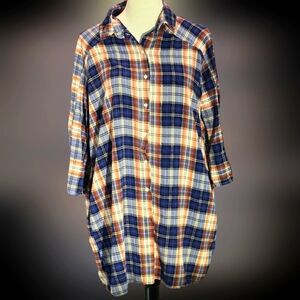 Umgee Button Down Shirt Tunic Plaid Flannel Red White Blue Gorpcore Womens Sz M